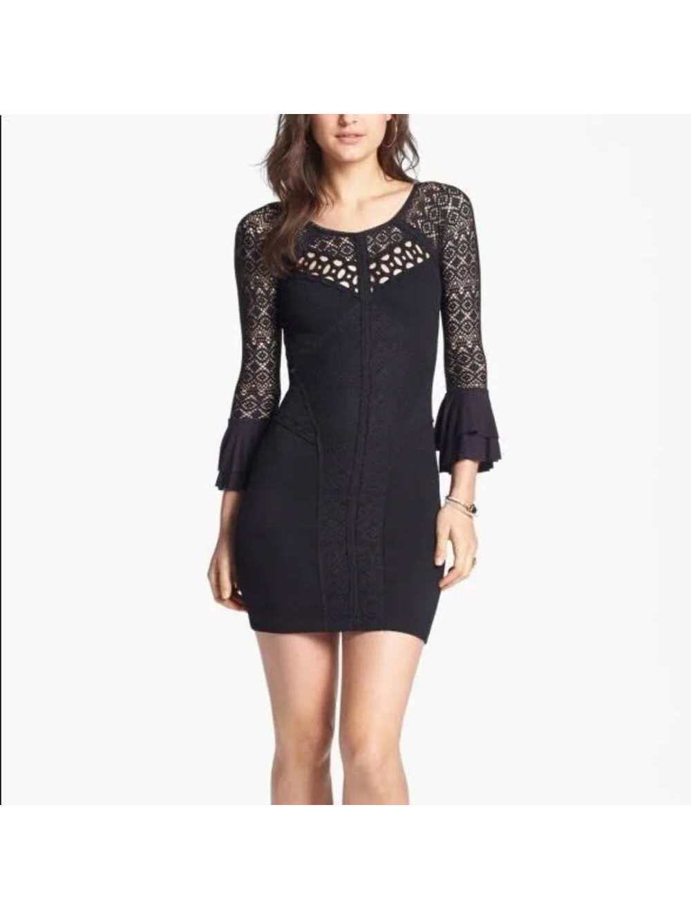 Free People Black "City Girl" Crochet Bodycon Bell Sleeve Mini Dress - Size S